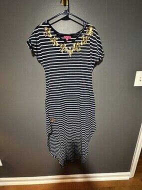 Simply Southern Navy White Striped T-Shirt Dress S • Gold Sequin Coastal Preppy